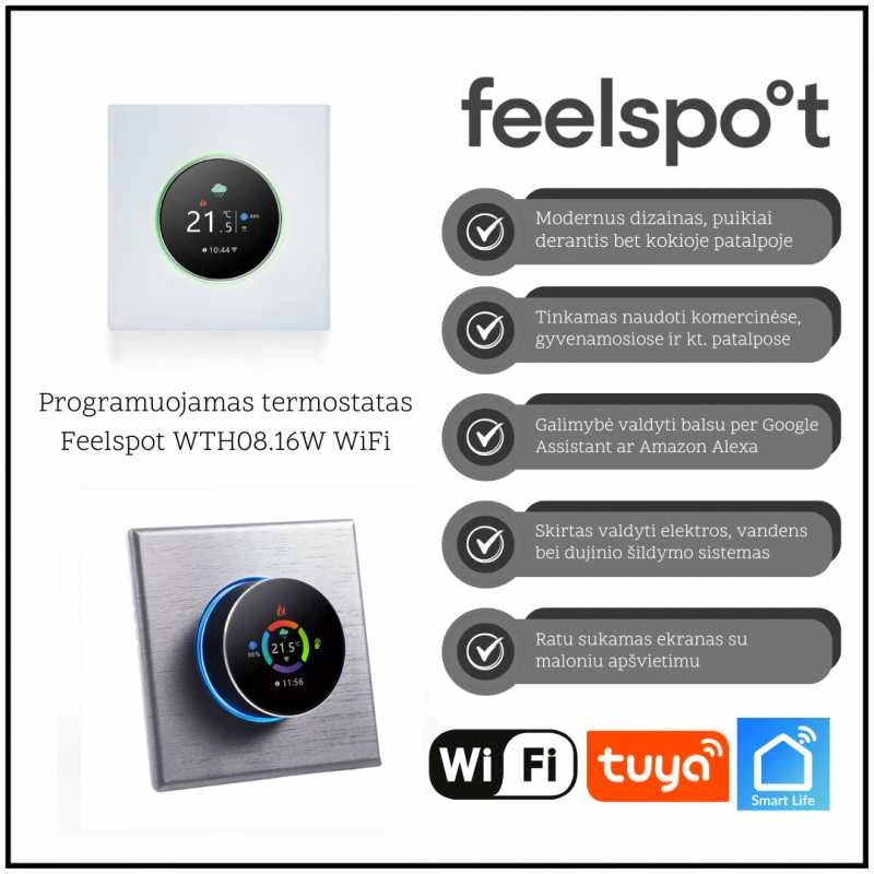 Programuojamas termostatas Feelspot WTH08.16W WiFi, baltas, Tuya, Smart Life