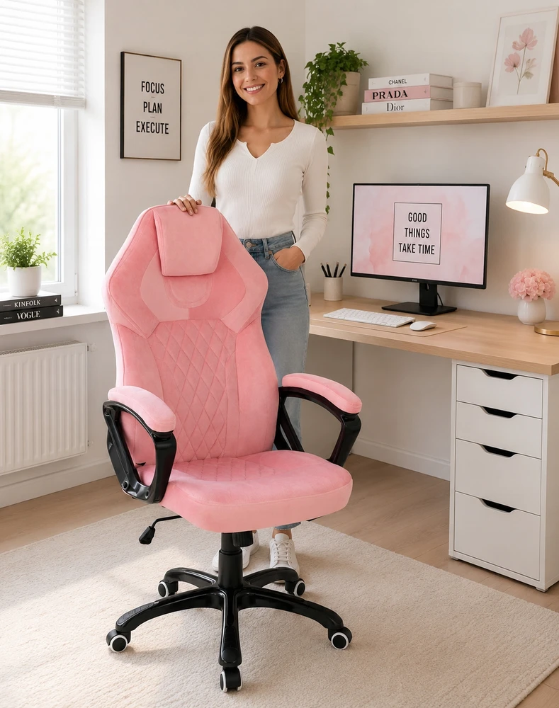 Prototype Fotel sukamasis gabinetowy do biura pracowni rožinė welurowy oddychający