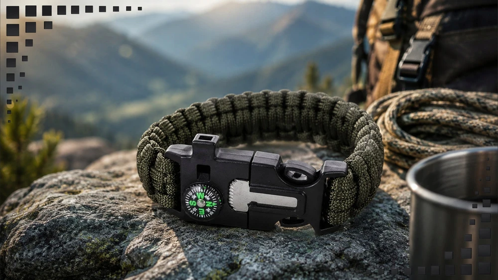 Przydasiepl SURVIVAL BRANCHLET 5in1 PARACORD COMPASS žalias