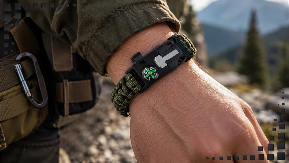 Przydasiepl SURVIVAL BRANCHLET 5in1 PARACORD COMPASS žalias