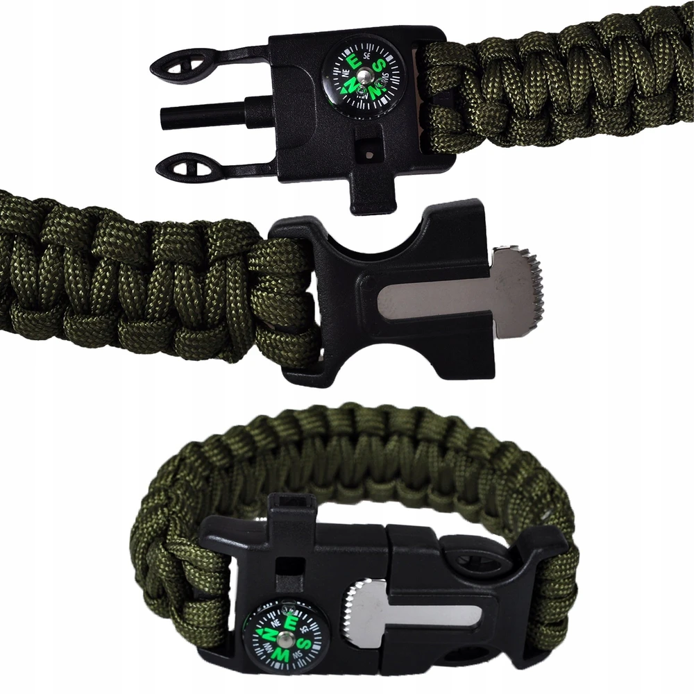 Przydasiepl SURVIVAL BRANCHLET 5in1 PARACORD COMPASS žalias