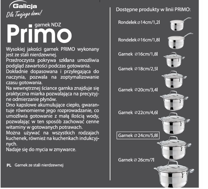 Puodai su dangčiu Primo 5,8l Galicja, nerūdijančio plieno