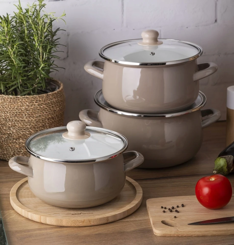 Puodas 1,3 l Emaliuotas puodas, dujų indukcija, su Altom Design taupe dangčiu