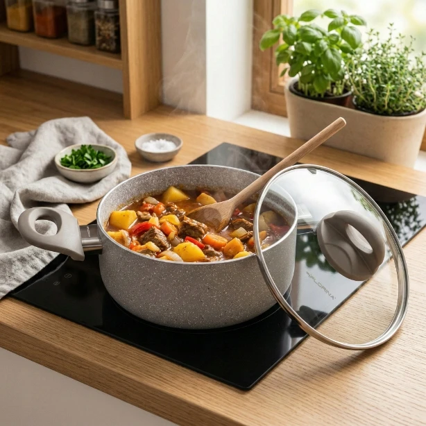 Puodas aluminiowy Florina Isla 20 cm 2,4L smėlio spalva nieprzywierający indukcija