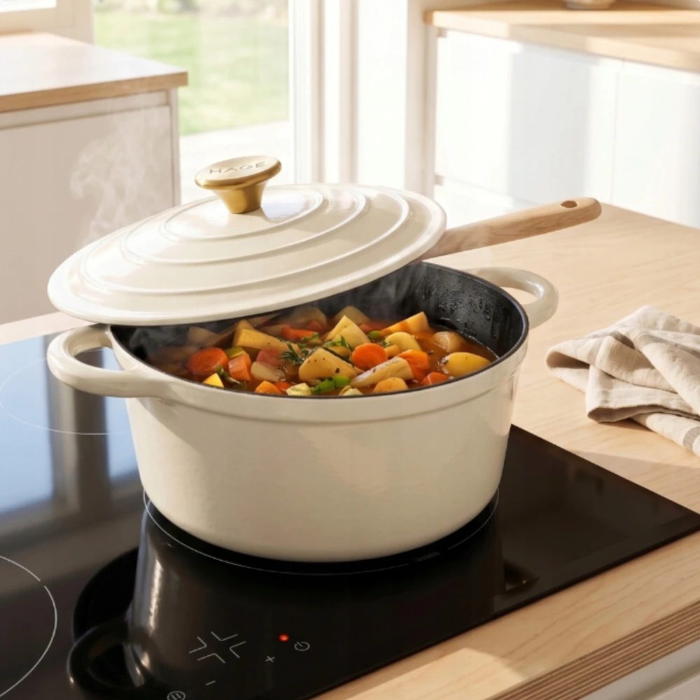 Atusa PUODAS Ketaus emaliuotas indukcinės orkaitės griliui HAGE 4L 24 cm Kremas
