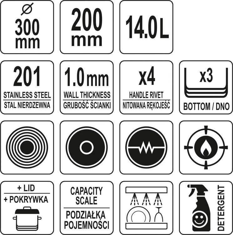 Yato Toya Sa Poland Žemas nerūdijančio plieno puodas su dangčiu | Ø 30 cm | 300 × 200 mm | 14 l (YG-00047)
