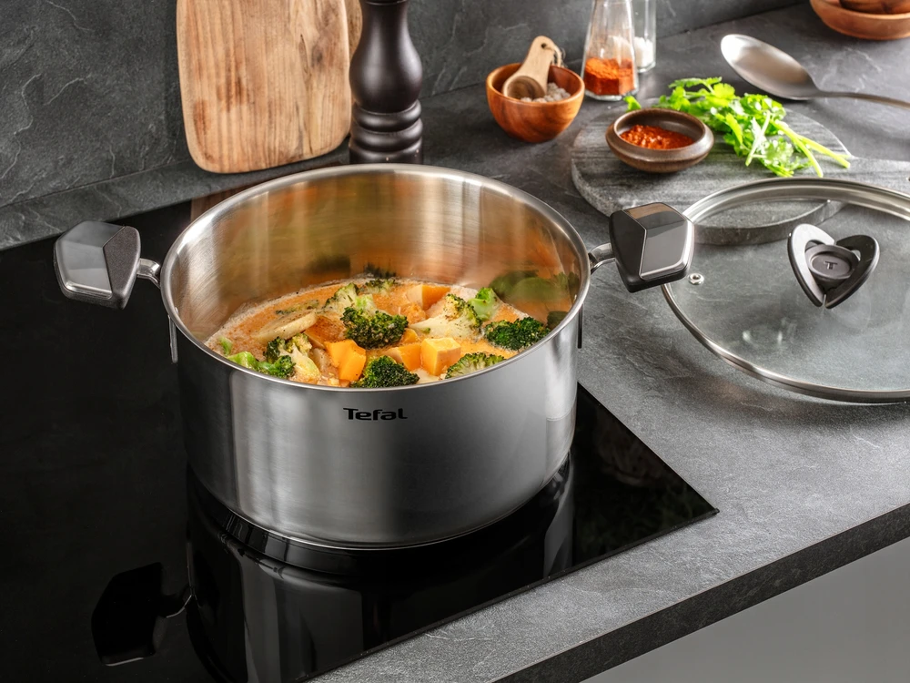 Puodas su dangteliu TEFAL Emotion+ E3286145 22cm 6.8L indukcinis bigos plienui