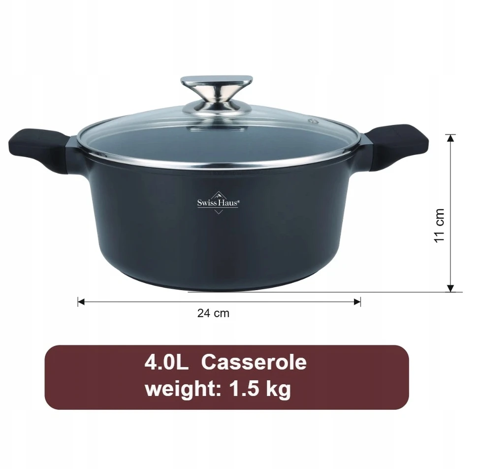 Puodas Swiss Haus Basel Premium su stikliniu dangčiu, 4 l, 24 cm, juodas — SH-BC24B