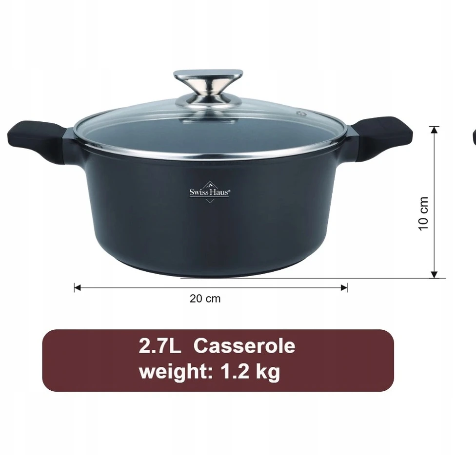 Puodas Swiss Haus Basel Premium su stikliniu dangčiu, 2,7 l, 20 cm, juodas — SH-BC20B