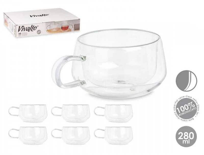 Puodeliai stikliniai 6 vnt su dvigubomis sienelėmis 280 ml Vivalto 85368