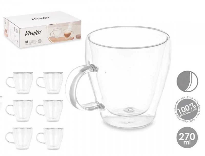 Puodeliai stikliniai 6 vnt su dvigubomis sienelėmis 270 ml Vivalto 85373