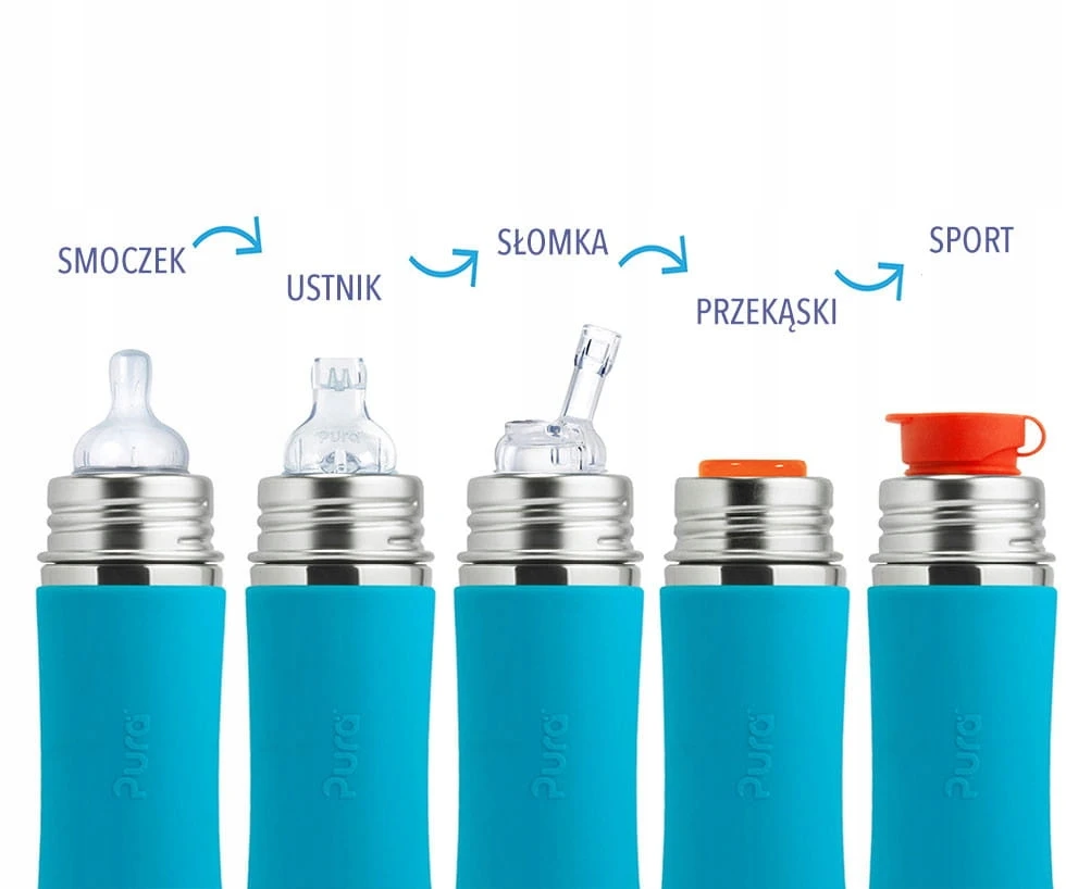 Pura Kiki Nerūdijančio plieno su mėlyna medicinio silikono įmaute termo buteliukas Pura, 6+ mėn, 260 ml