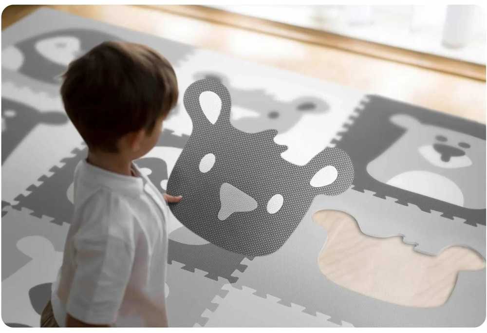 Ricokids Porolono kilimėlis dėlionės 180x180 cm 9 vnt Pilki gyvūnai