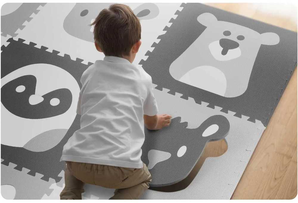 Ricokids Porolono kilimėlis dėlionės 180x180 cm 9 vnt Pilki gyvūnai