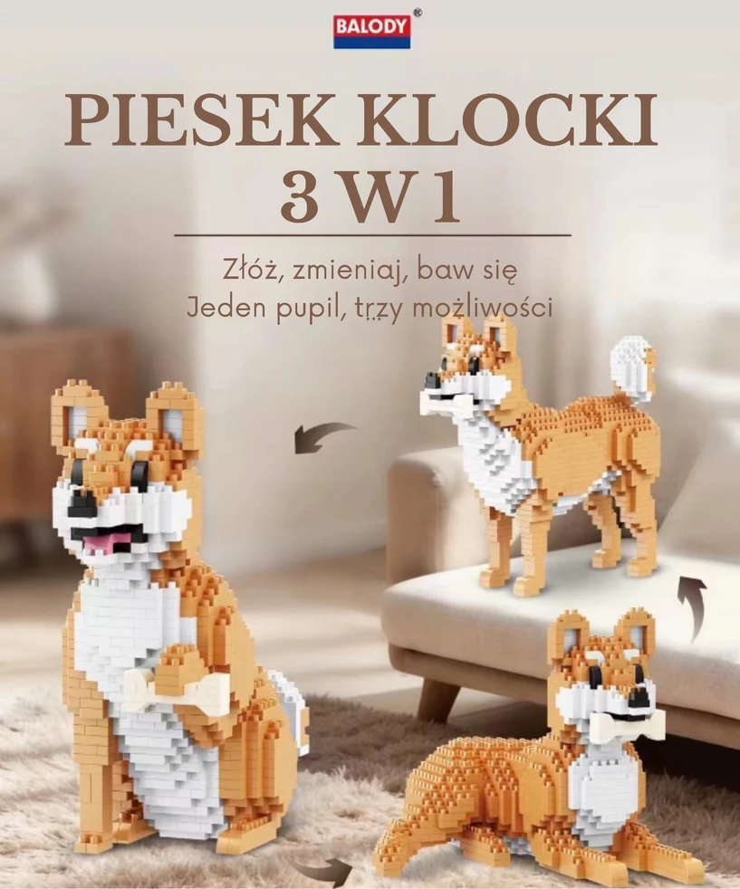 QBI konstrukciniai blokeliai DOG SHIBA DOG 3in1 įvairios pozos 1079 elementai