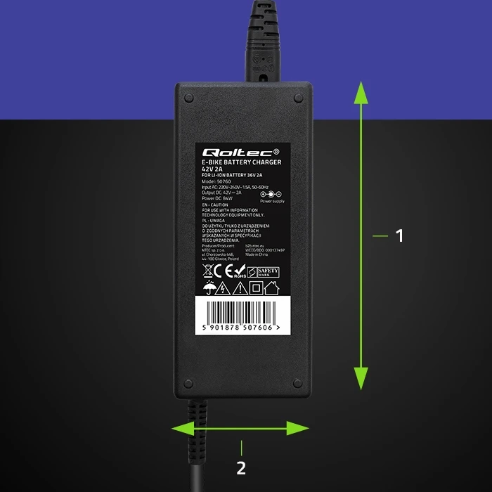 Įkroviklis - Qoltec 50760 E-dviračiams 36V/42V 2A Juodas