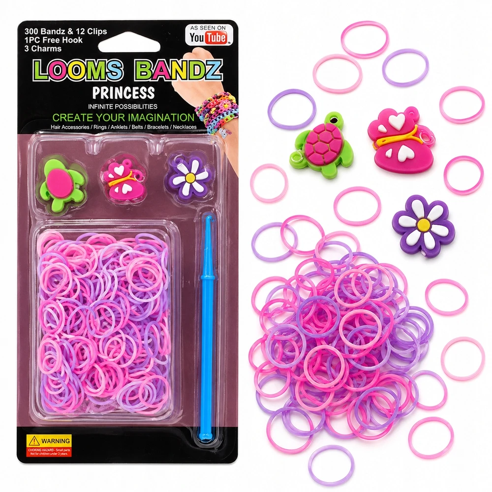 Rainbow Loom LOOM GUMINĖS APYRANKĖS 300 vnt. 12 S klipų, 3 pakabukai