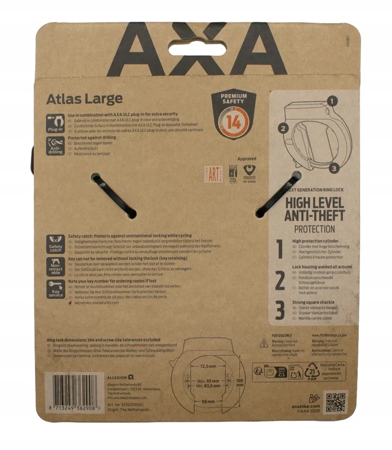 Raktas rėmo (U-lock) - AXA - Atlas Large - Atidarymas 72,5 mm - Juodas - Padidinta saugumas