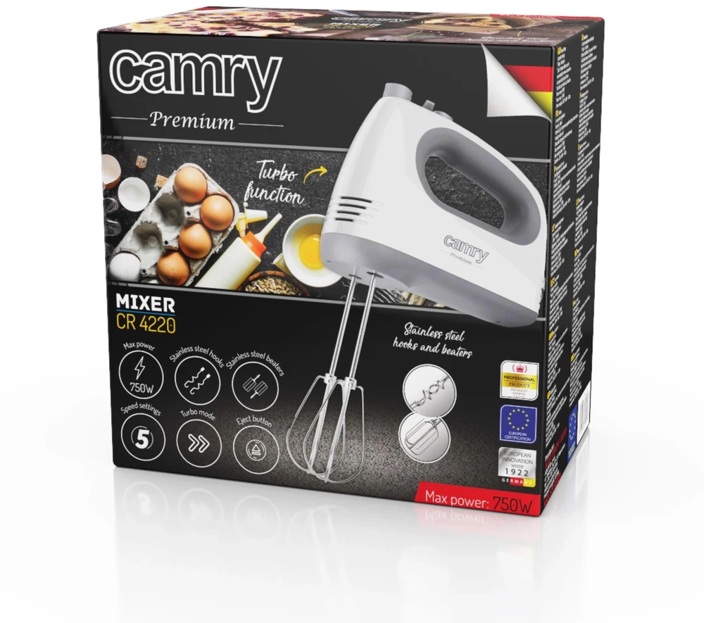Rankinis maišytuvas 750W, 5 greičiai, Turbo, lėtas paleidimas, maišyklės 21cm Camry CR 4220w
