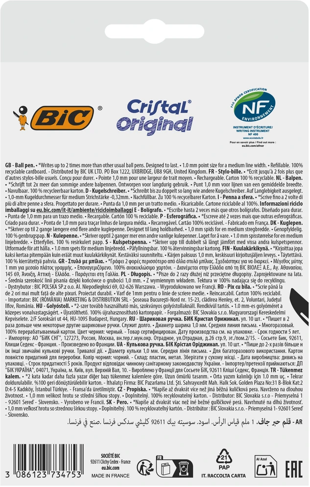 Rašiklis - BIC - Cristal Original - 10 vienetų pakuotė - Juoda spalva - Plona smaigalys