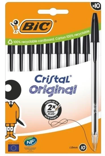 Rašiklis - BIC - Cristal Original - 10 vienetų pakuotė - Juoda spalva - Plona smaigalys