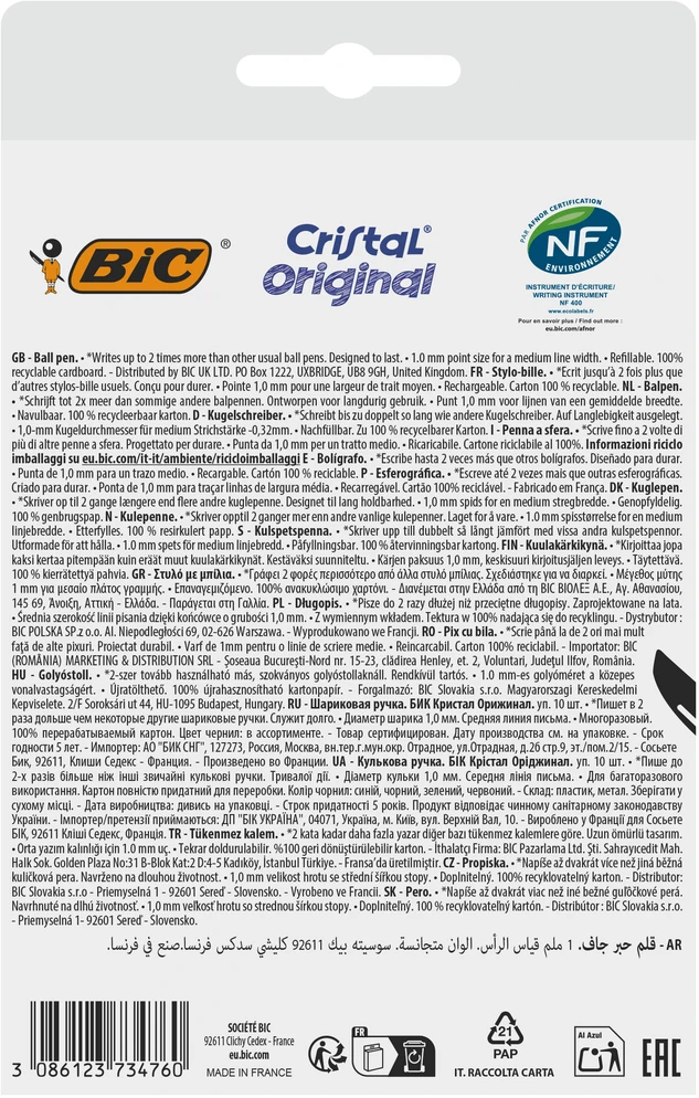 Rašiklis Bic Cristal Original, 10 vnt., įvairių spalvų, 1.0 mm