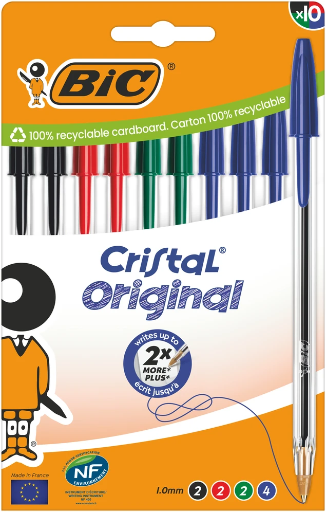 Rašiklis Bic Cristal Original, 10 vnt., įvairių spalvų, 1.0 mm