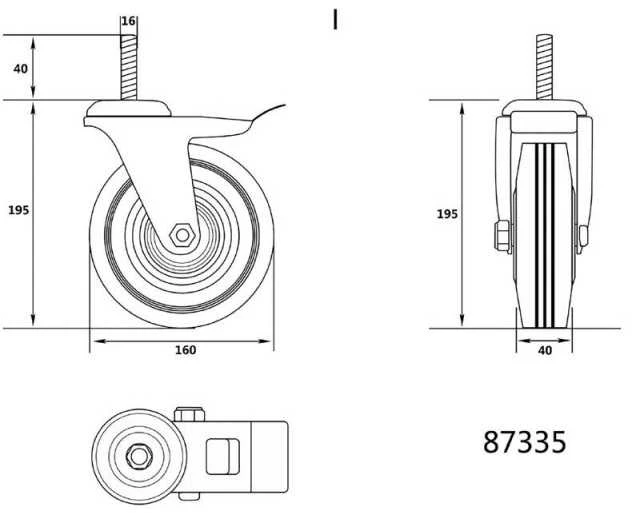 Ratukas VOREL Pasukamas Guminis su Stabdžiu, 160 mm, Juodas