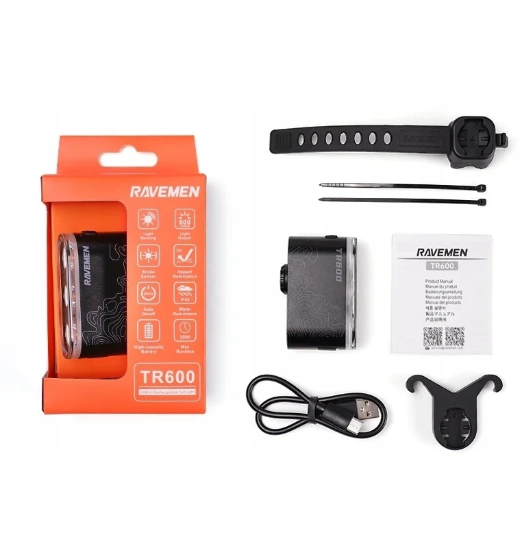 RAVEMEN TR600 dviračio galinis žibintas 600 lm USB-C IPX6 stabdžių jutiklis