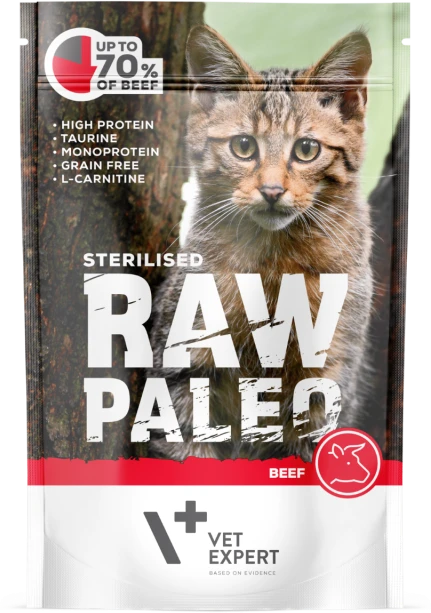 Vetexpert Drėgnas Kačių Maistas - RAW PALEO Suaugusių sterilizuotų kačių Jautiena 100 g