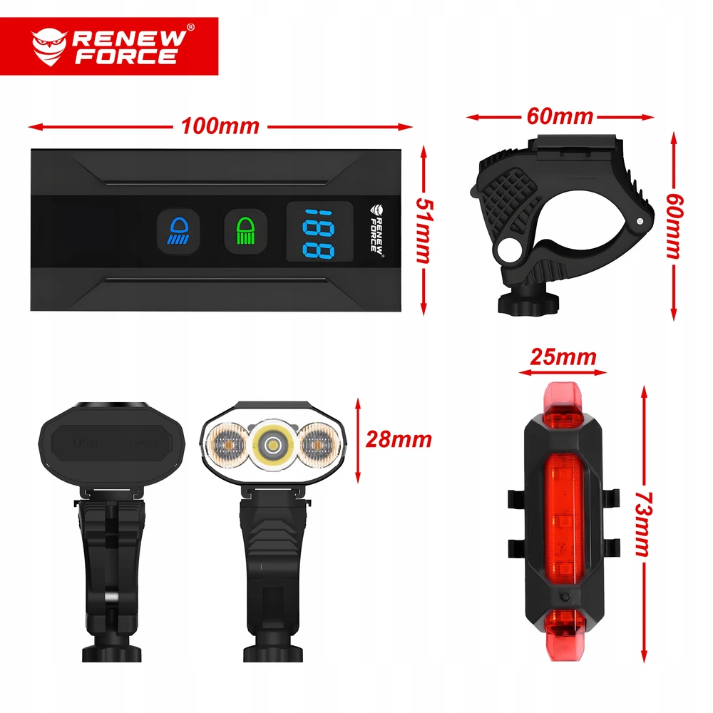Renew Force Galingas BIKE Lamp LED priekinis žibintas 1300lm žibintuvėlis 5400mAh DVIRAČIO RINKINYS