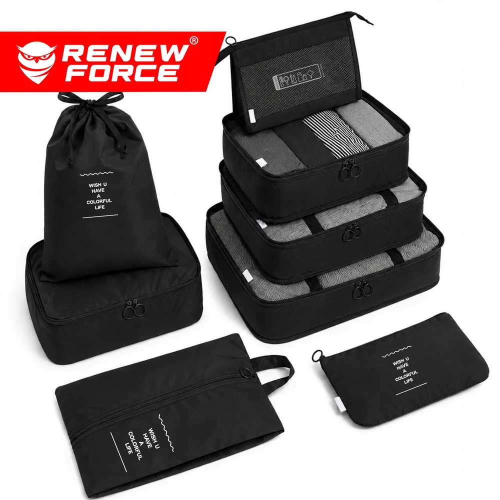 Renew Force KELIONIŲ ORGANIZATORIAI lagaminui drabuziai BALYNAI Apatiniai, Juodas 8 VIENETŲ RINKINYS