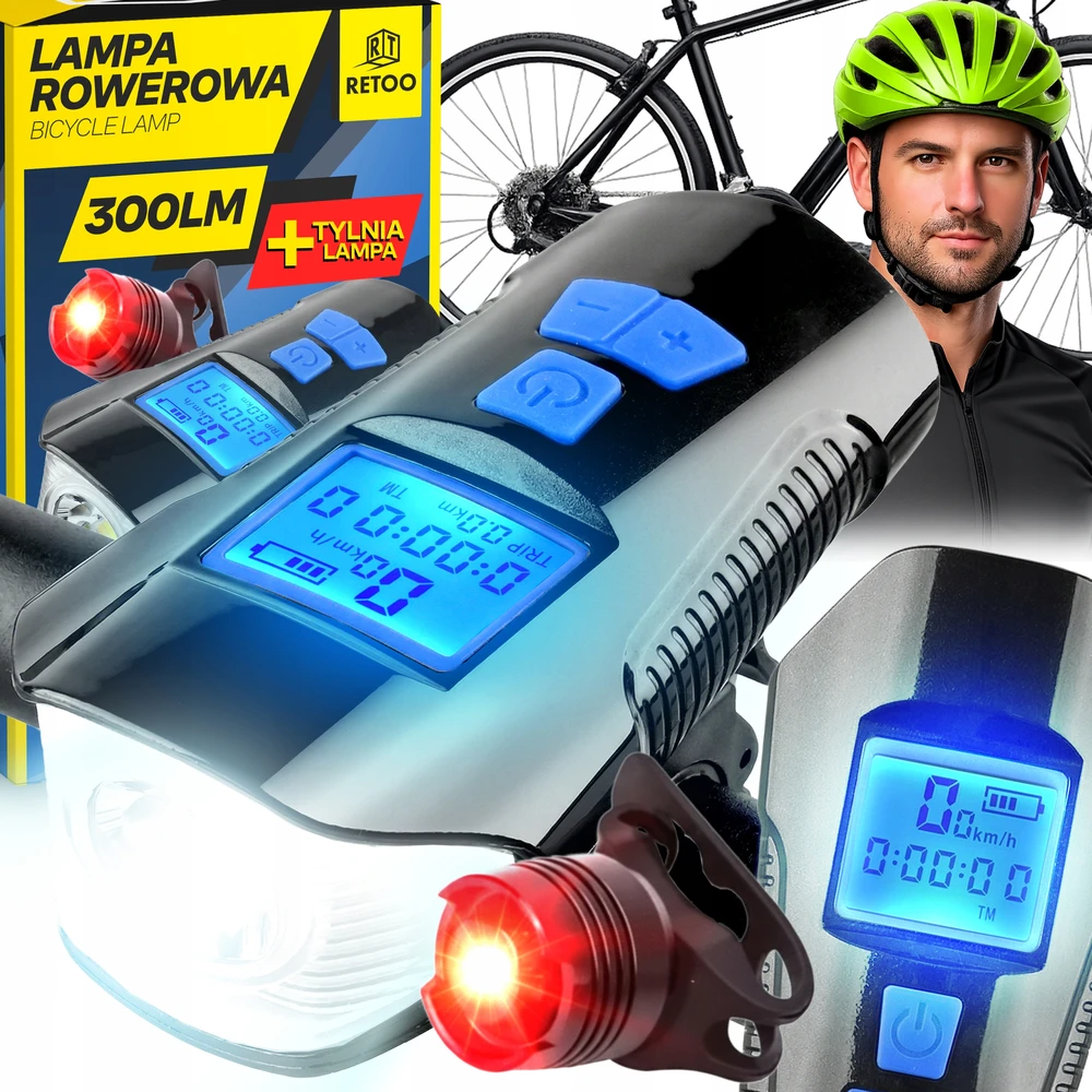 Retoo Lampka LED dviračio žibintas, km skaitiklis, spidometras, galinis - s092-1 + galinis žibintas