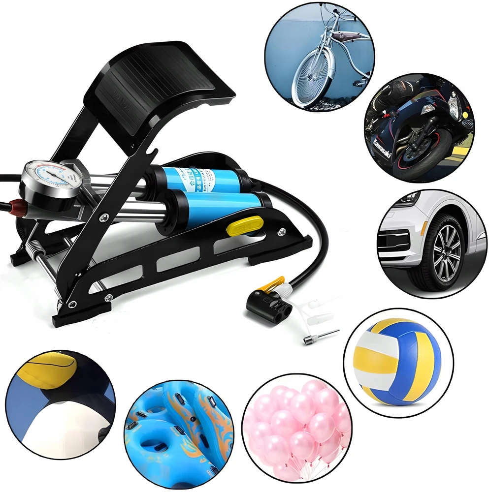 Retoo Dviejų stūmoklių pėdų siurblys, automobilis, dviratis, manometras, kamuoliukai, autočiužiniai