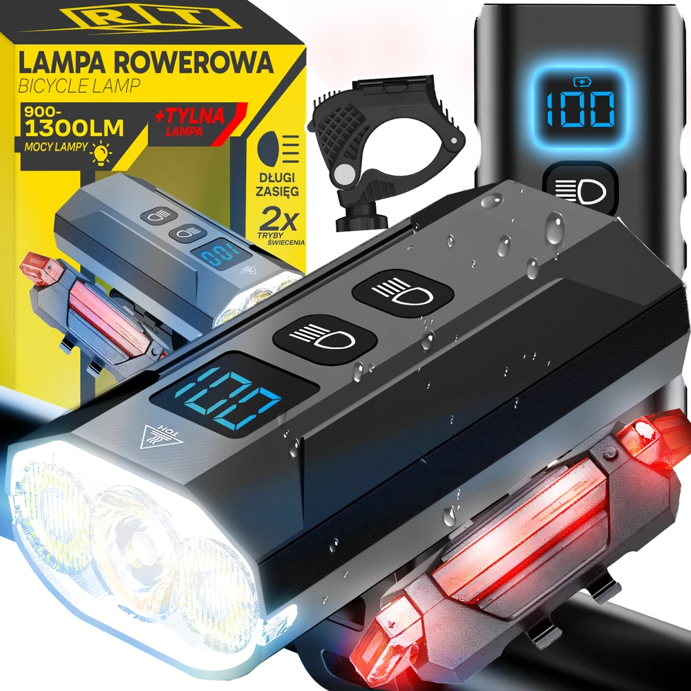 Retoo Mocna Galingas dviračio žibintas su LED žibintuvėliu priekyje ir gale, 900 lm žibintuvėlis, 2500 mAh - ER1032