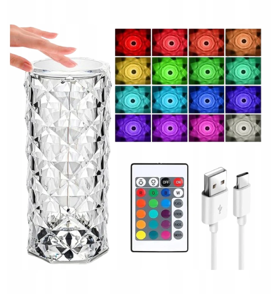 Retoo Lampka Krištolinė rožinė LED lempa su deimantinio lietimo funkcija ir RGB nuotolinio valdymo pulteliu