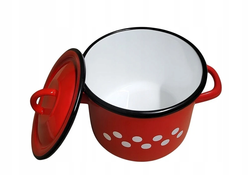 Retro emaliuotas puodas 1 L su dangteliu, tradicinis raudonas su taškeliais
