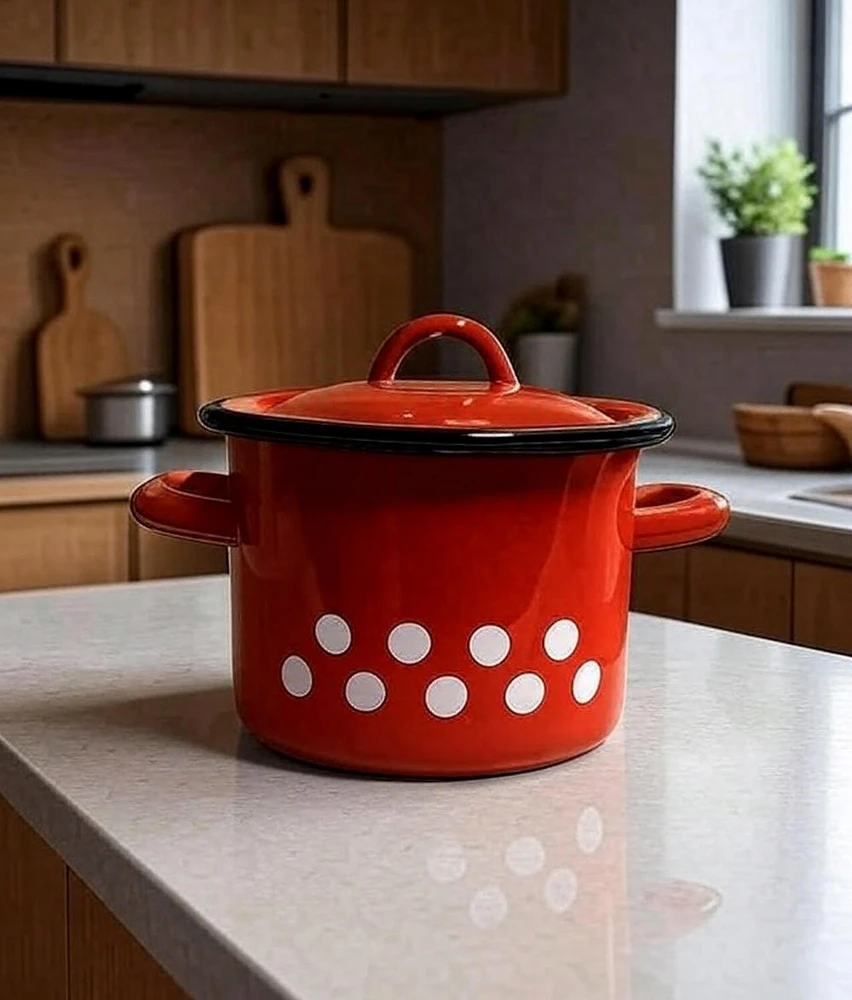 Retro emaliuotas puodas 1 L su dangteliu, tradicinis raudonas su taškeliais