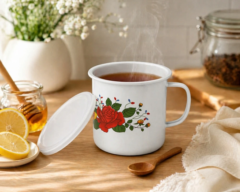 Retro emaliuotas puodas, puodelis su dangteliu, pieno arbatinukas, 0,5l