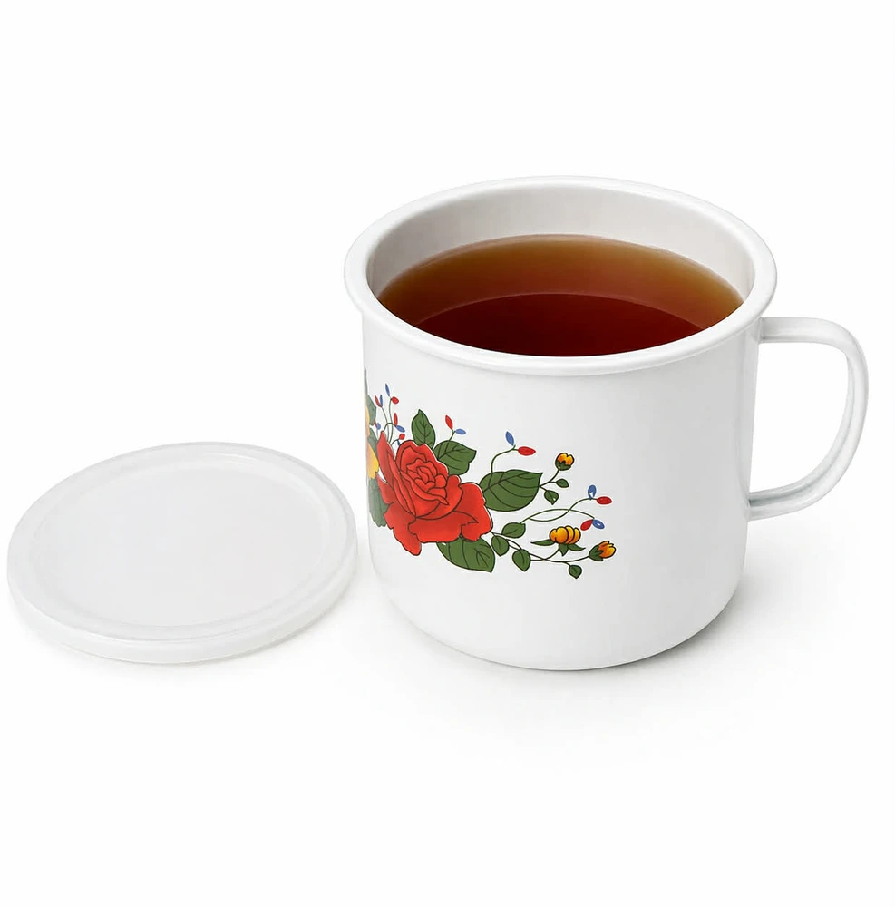 Retro emaliuotas puodas, puodelis su dangteliu, pieno arbatinukas, 0,5l
