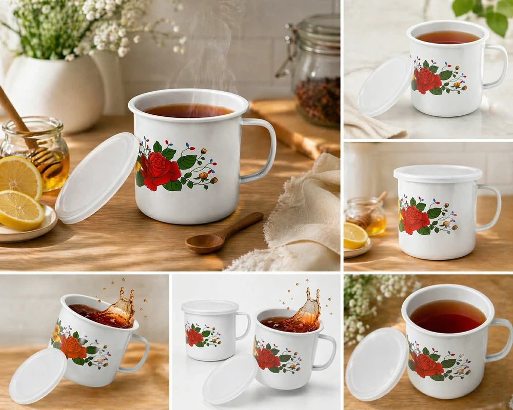 Retro emaliuotas puodas, puodelis su dangteliu, pieno arbatinukas, 0,5l