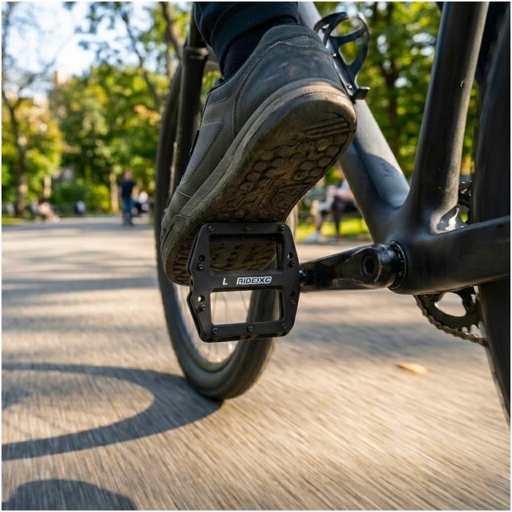 RideXC MTB DH platforminiai dviračio pedalai su kaiščiais Juodi