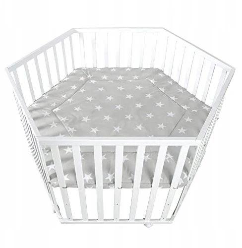 ROBA LITTLE STARS Hegaxonal Baby Playpen - Adjustable Height - Padded Cover - Braked Wheels - Baltas Lacquered Wood - Star Patter