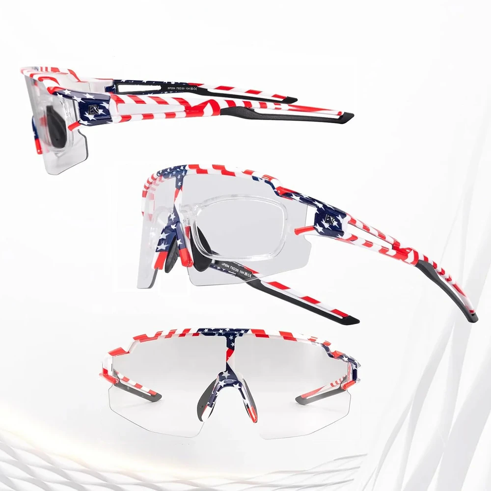 Rockbros dviratininko akiniai Photochromic su UV apsauga ir korekcinių lęšių rėmeliu 14120008002 – USA Pattern – baltos spalvos