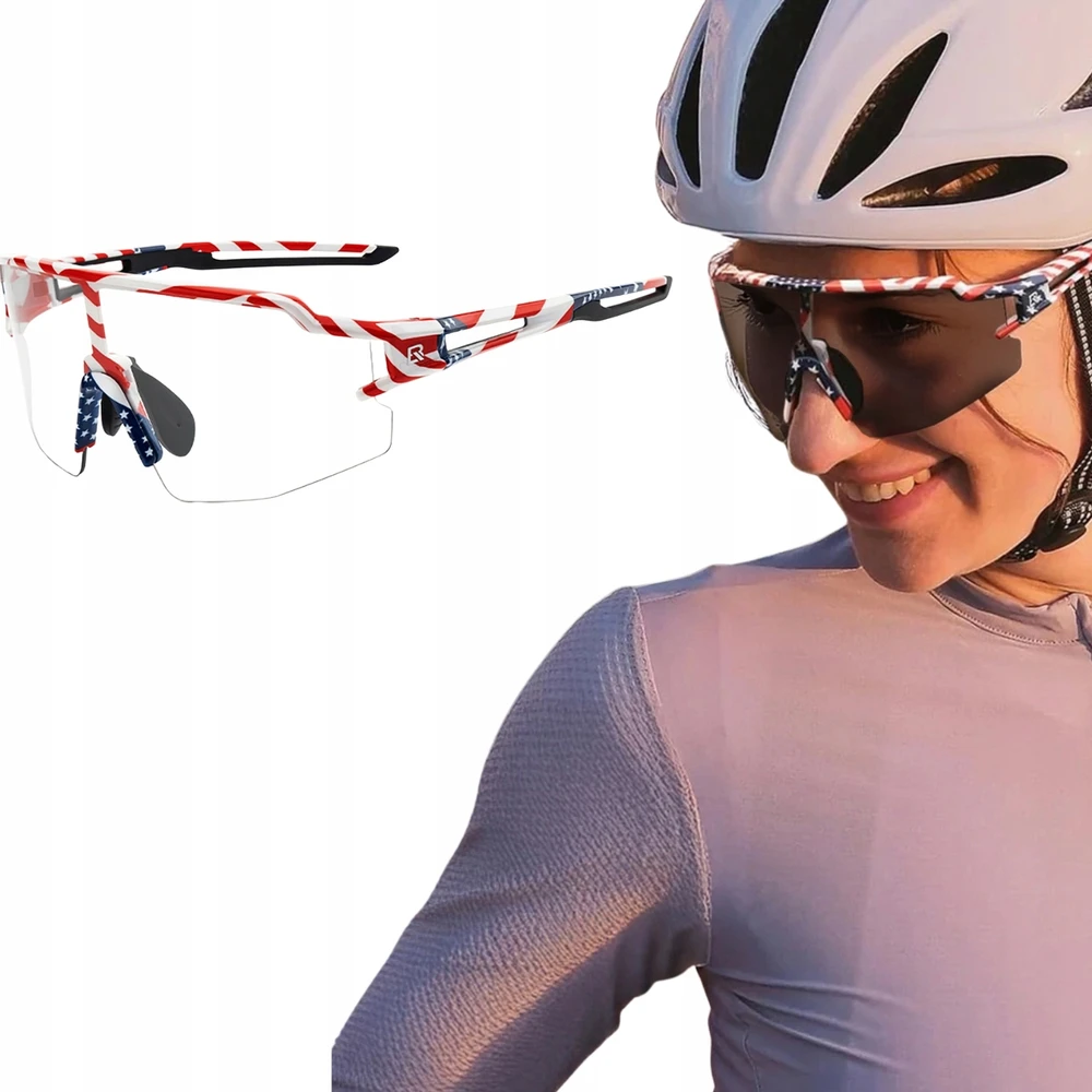 Rockbros dviratininko akiniai Photochromic su UV apsauga ir korekcinių lęšių rėmeliu 14120008002 – USA Pattern – baltos spalvos
