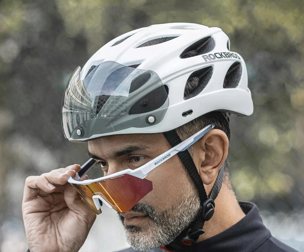 Rockbros Tt-16 dviračio šalmas, baltas, 58-65cm, su nuimamu vizieriu