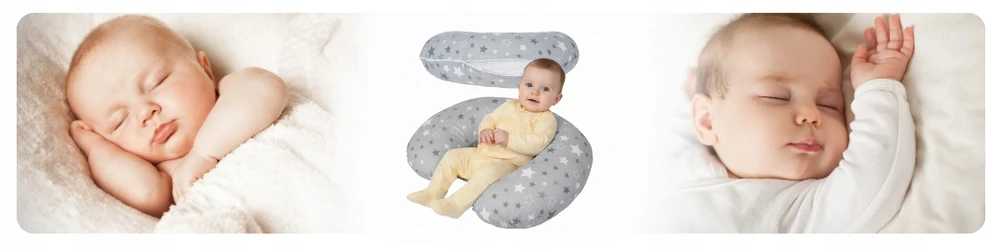 Rotex FEDING SLEEPING pagalvė Croissant vaikams 60x45 XXL su pupelių pagalvės užvalkalu
