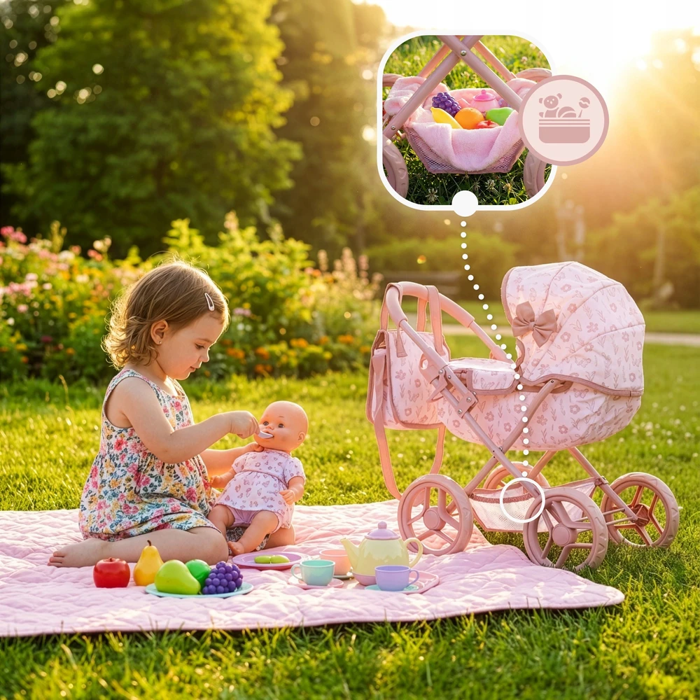 ROŽINĖ LĖLĖS VEIKLĖ LĖLĖS DEEP GONDOLLA KREPŠELIS SULANKSTAMAS KINDERPLAY
