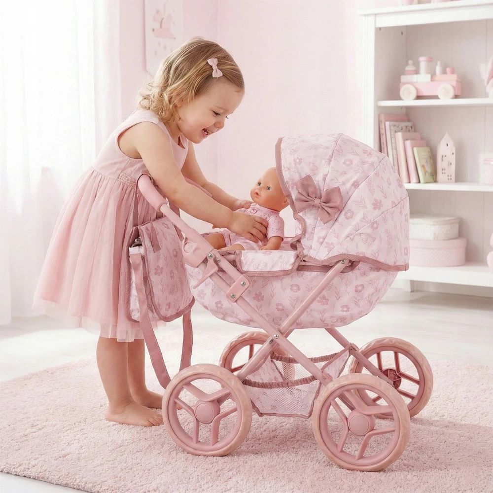 ROŽINĖ LĖLĖS VEIKLĖ LĖLĖS DEEP GONDOLLA KREPŠELIS SULANKSTAMAS KINDERPLAY