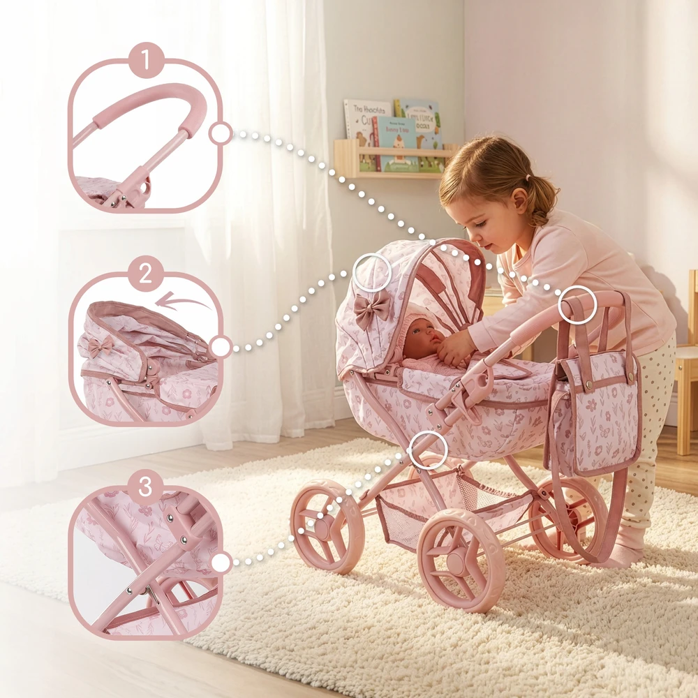 ROŽINĖ LĖLĖS VEIKLĖ LĖLĖS DEEP GONDOLLA KREPŠELIS SULANKSTAMAS KINDERPLAY